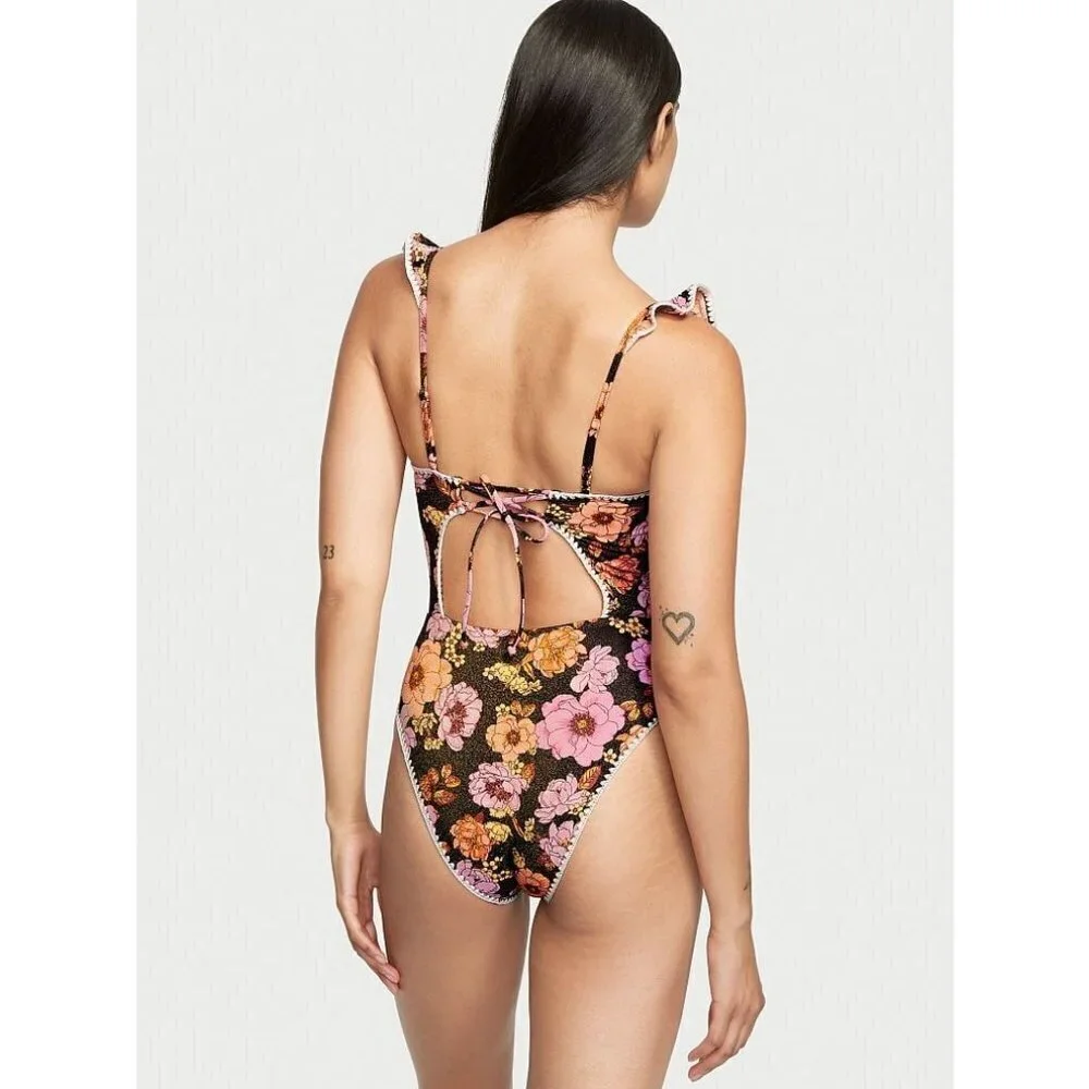 VICTORIA'S SECRET SWIM Ruffle One-Piece cheeky Swimsuit w/ Crochet cut out S - Picture 2 of 13